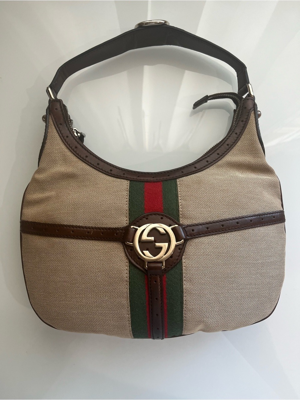 GUCCI REINS SMALL HOBO BEIGE CANVAS SHOULDER BAG